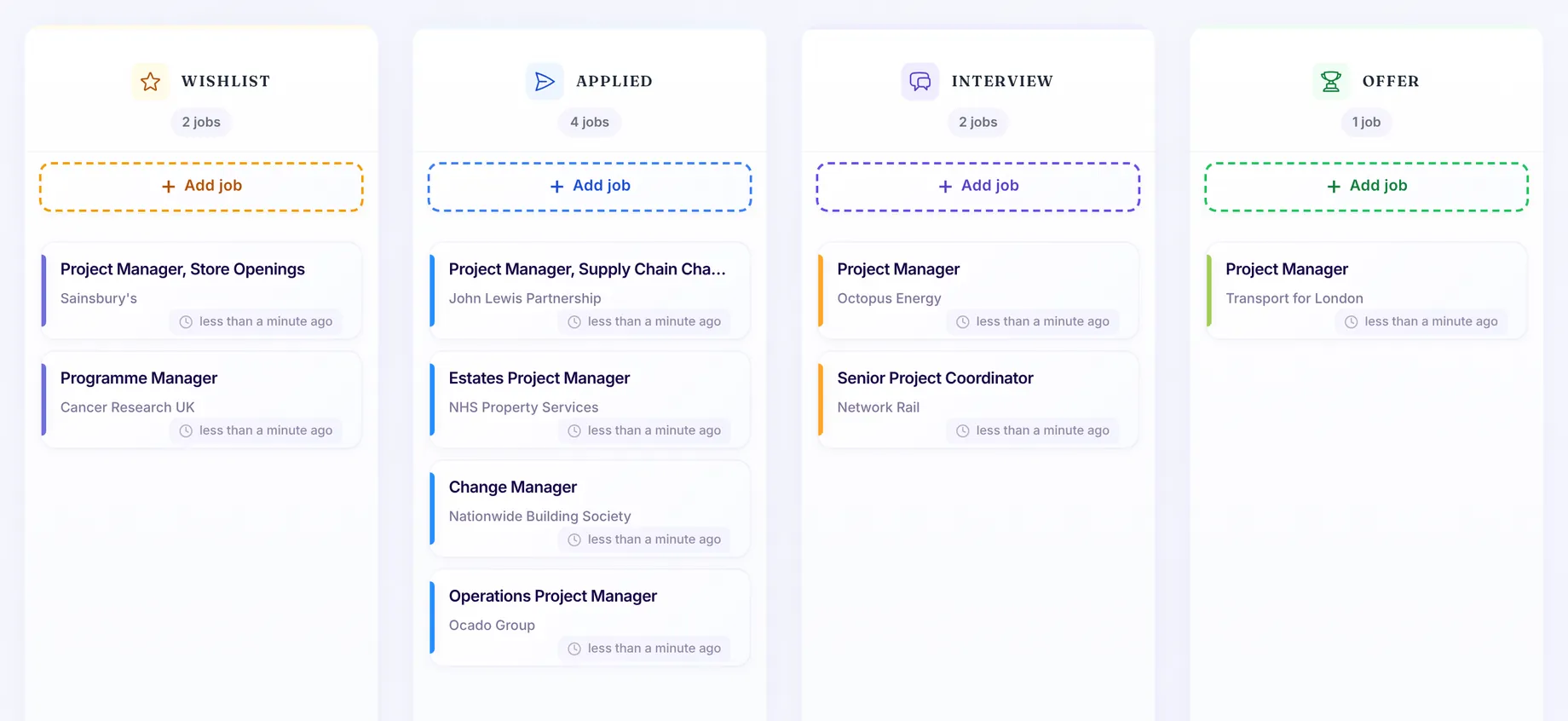The ApplyArc board with nine project manager jobs in Wishlist, Applied, Interview and Offer columns.