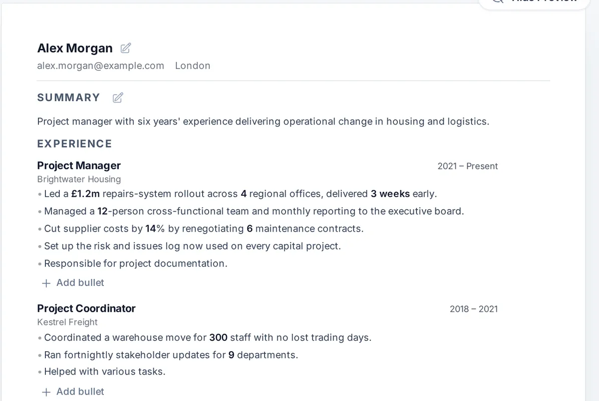 Alex Morgan’s CV in ApplyArc: a summary, then experience at Brightwater Housing and Kestrel Freight, each line editable.